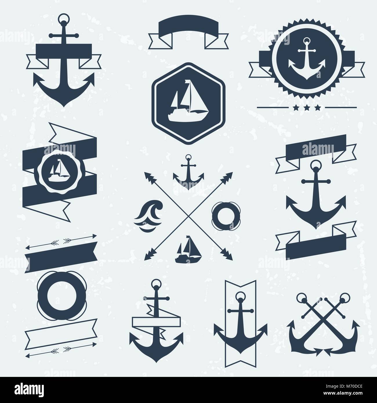 Collection of nautical symbols icons badges and elements Stock Vector