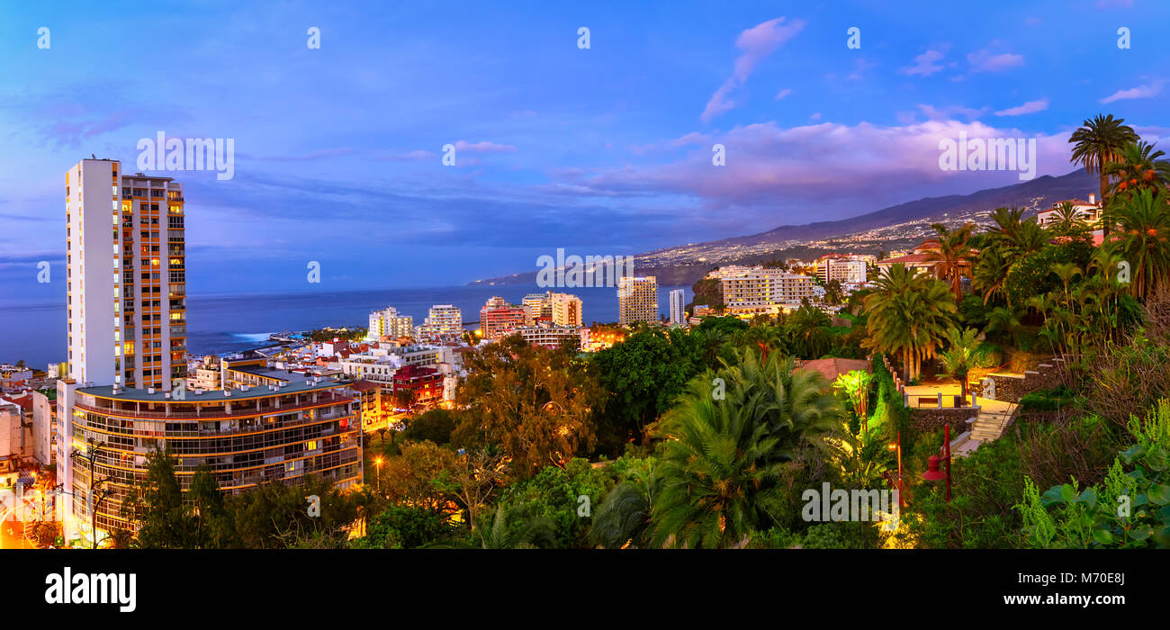 Puerto de la Cruz, Tenerife, Canary islands, Spain: Sceninc view over the city at the sunset time Stock Photo