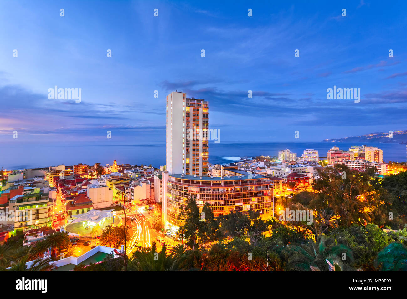 Puerto de la Cruz, Tenerife, Canary islands, Spain: Sceninc view over the city at the sunset time Stock Photo