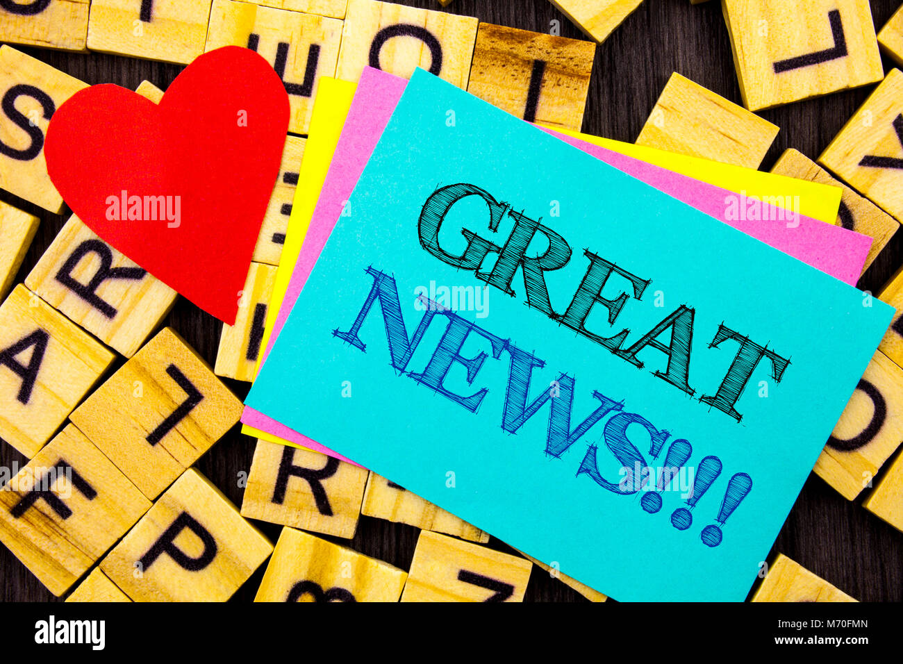 Handwritten text showing Great News. Conceptual photo Success Newspaper Information Celebration