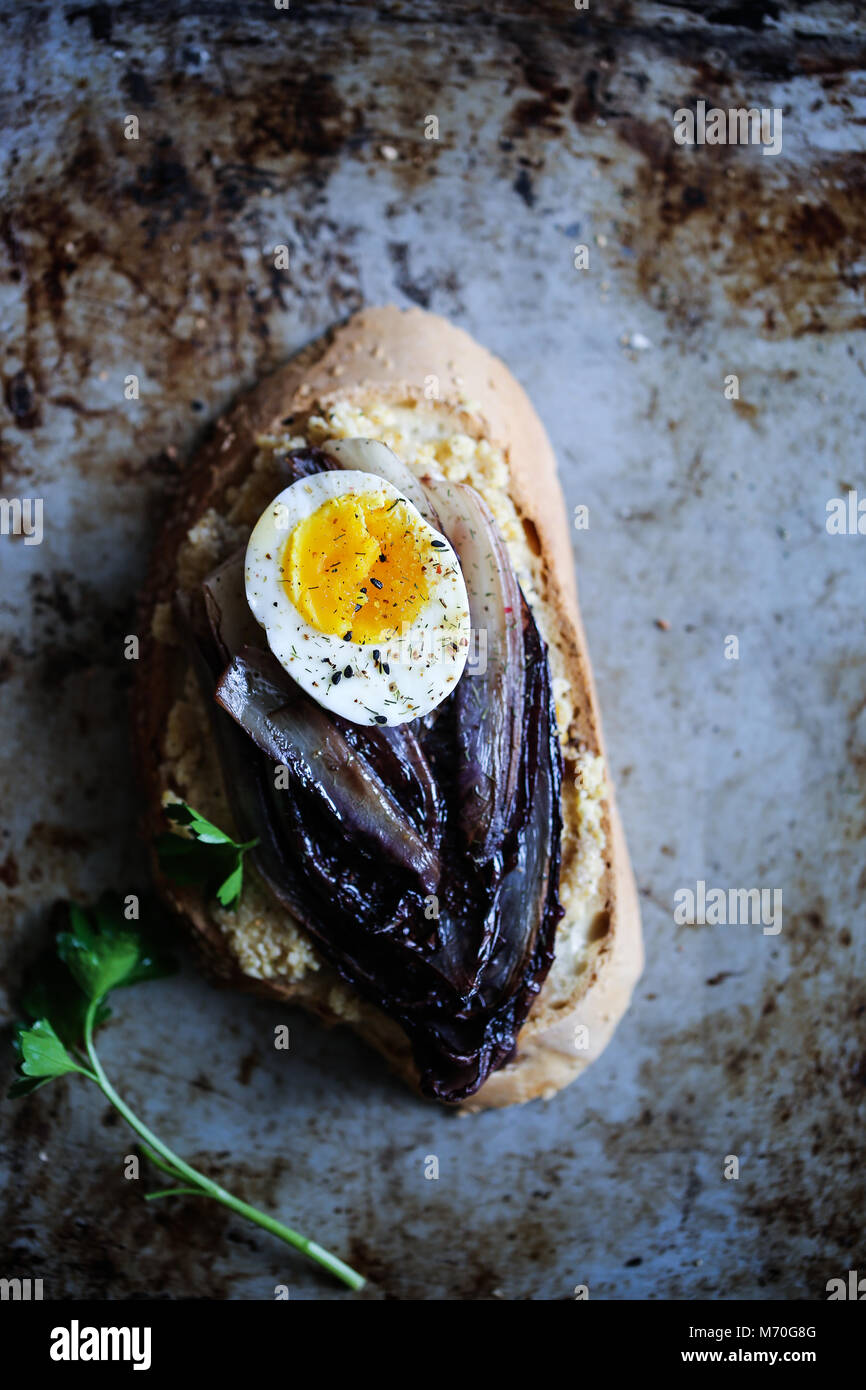 Braised red chicory crostini with hummus, boiled egg and spices Stock