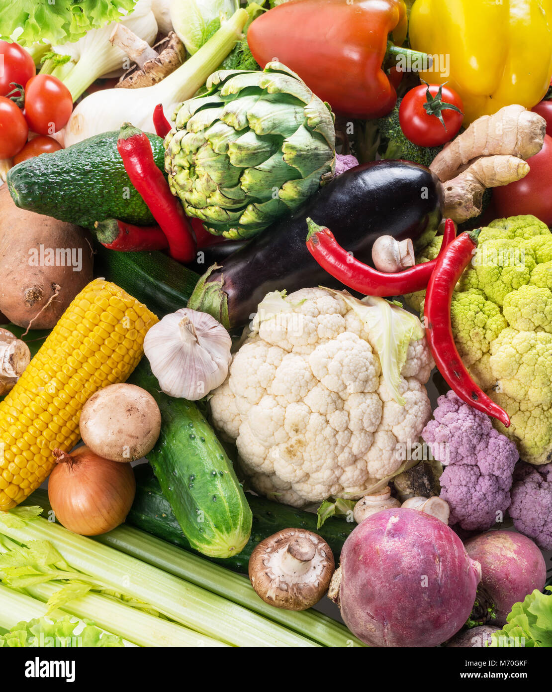 Different organic vegetables. Multicolored food background. Stock Photo