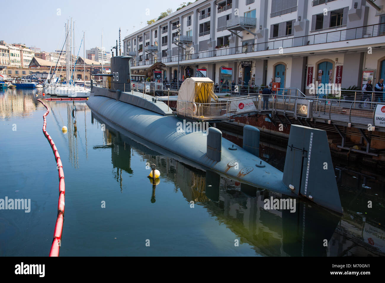 GENOA (Genova), ITALY, APRIL 12, 2017 - Nazario Sauro 518 submarine is a diesel-powered submarine of the Italian Navy. It is currently a museum ship m Stock Photo