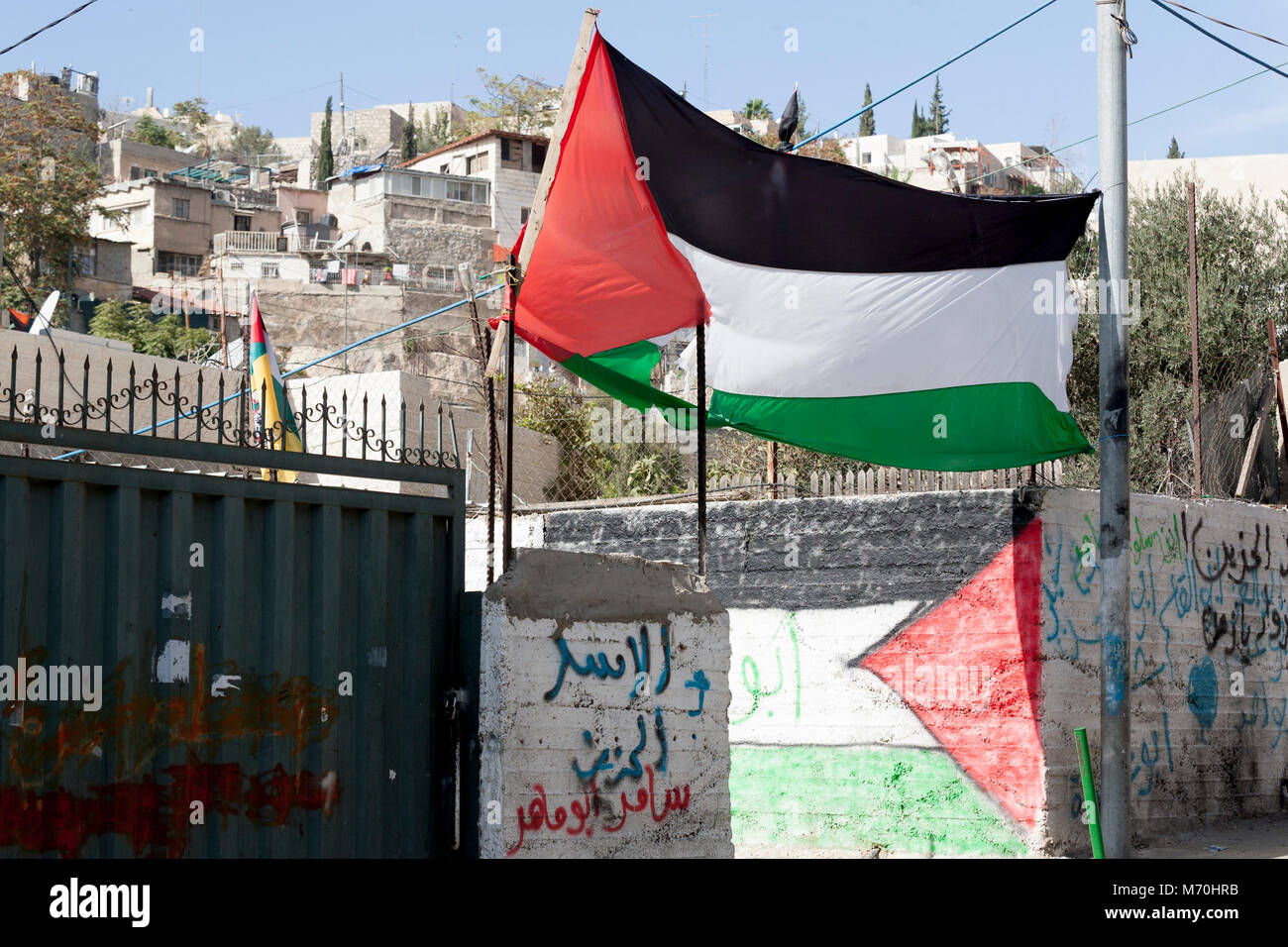 Jerusalem, Israel, October 24, 2010: Palestinian flag in Silwan, south of Jerusalem Old Town. Silwan is one of the very few neighbourhoods on central  Stock Photo