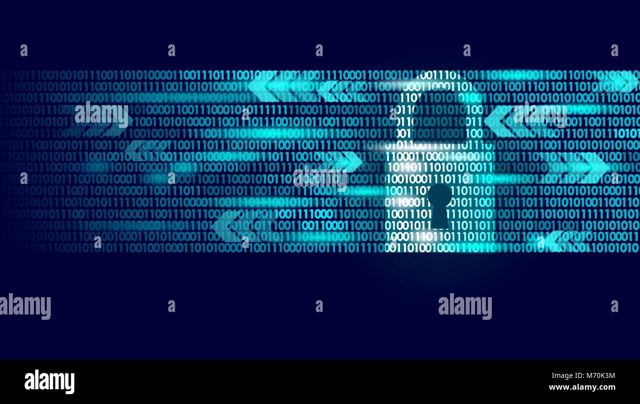 Digital lock guard sign binary code number. Big data personal information safety technology closed padlock. Blue glowing abstract web internet electronic payment vector illustration Stock Vector