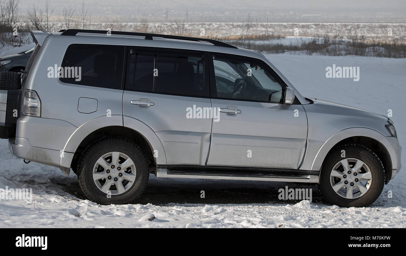 Kazakhstan, Ust-Kamenogorsk - 17 February, 2018. Car Mitsubishi Pajero IV. Japanese car. Stock Photo