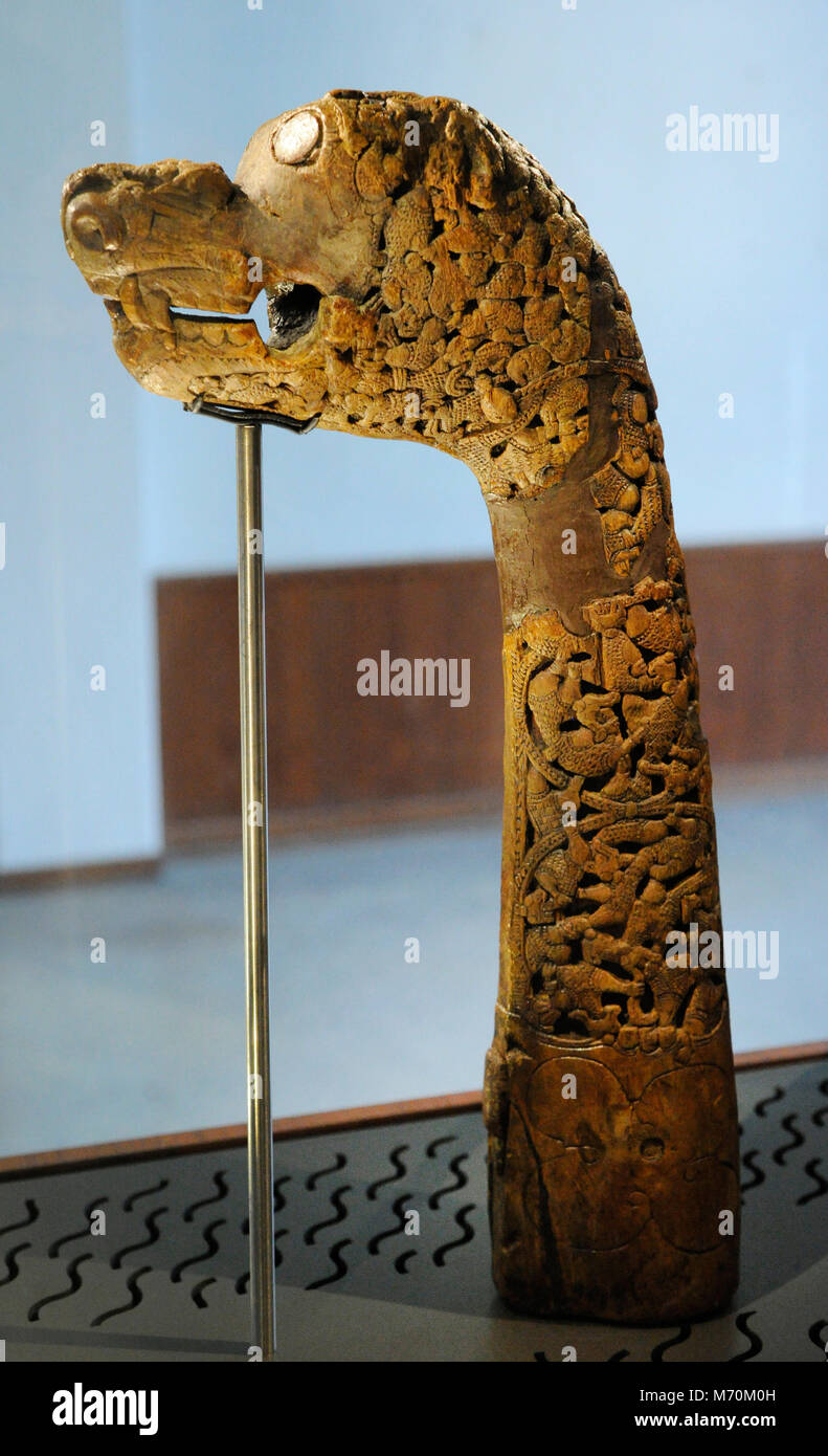 Animalhead post carved in wood. Found in the Tomb of the Boat of