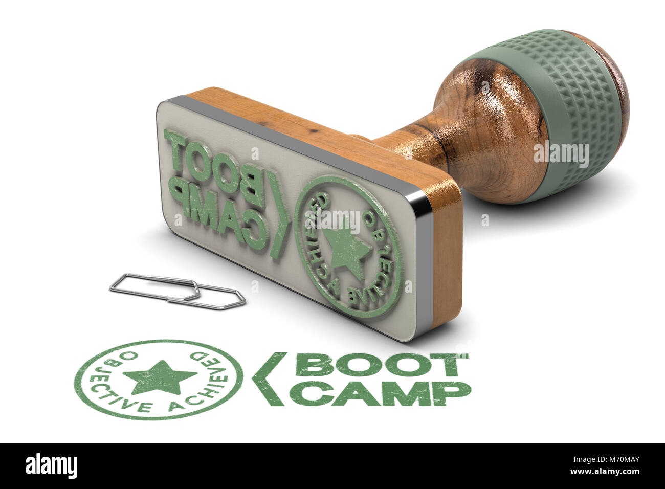 3D illustration of a rubber stamp where it is written objective achieved  over white background. Concept of training results Stock Photo - Alamy