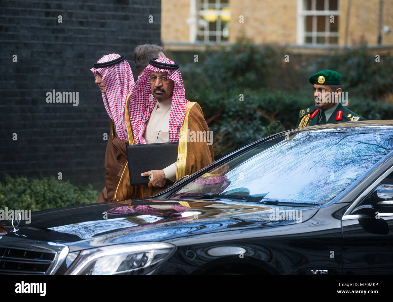 Khalid A. Al-Falih (Right), Minster of Energy, Industry and Mineral resources arrives at Downing street to accompany Crown Prince Mohammed Bin Salman Stock Photo