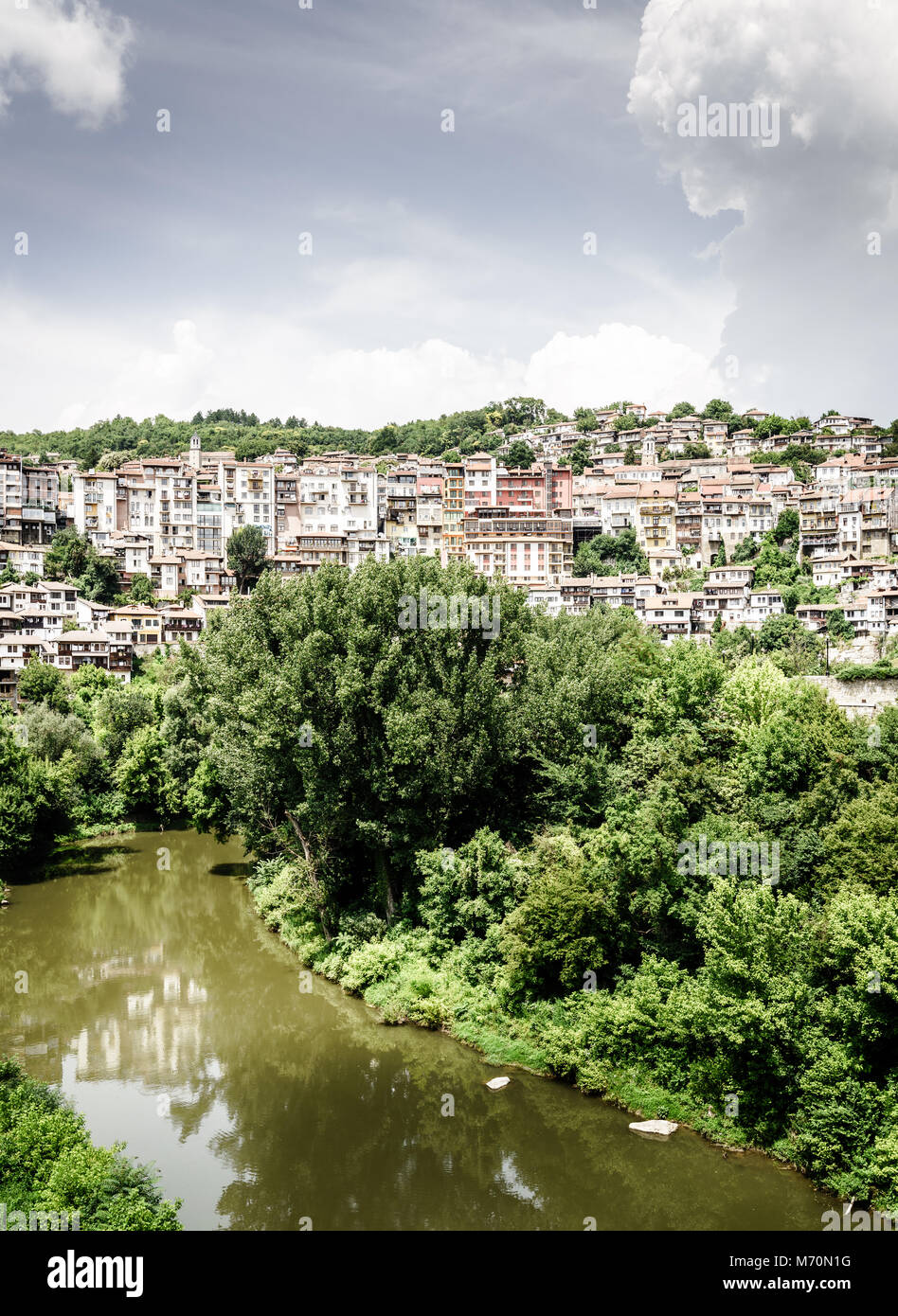 View of the city of Veliko Tarnovo and the Yantra River in Bulgaria Stock Photo