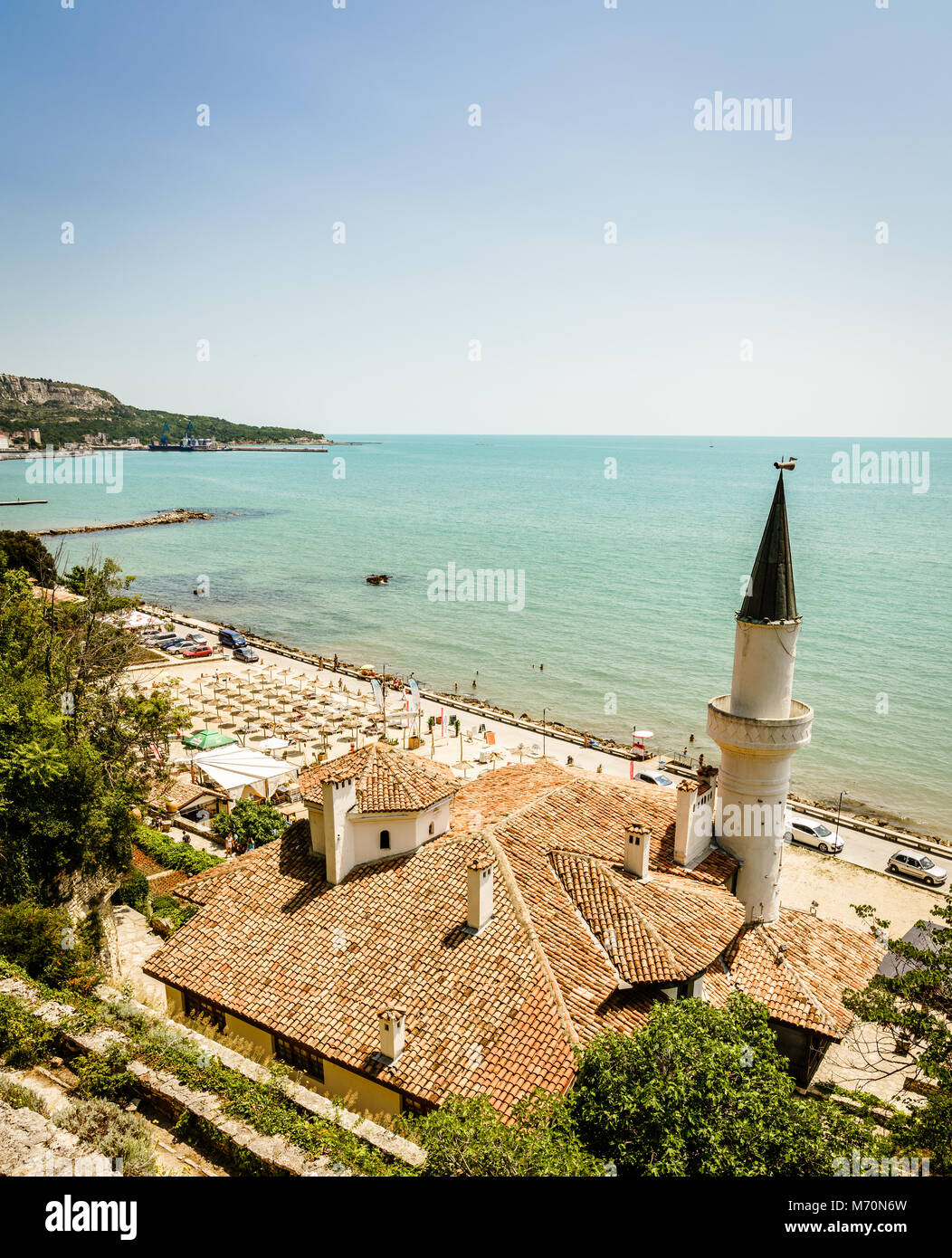 Scenic view of Black Sea coast in Balchik, Bulgaria with Balchik Palace in the foreground Stock Photo