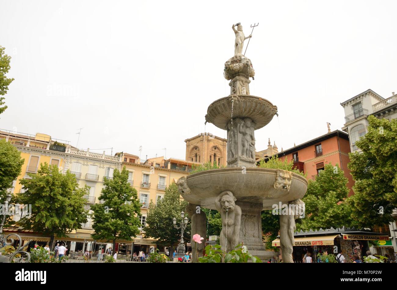 Stone fountain at BibRambla plaza in Granada, Andalusia, Spain Stock
