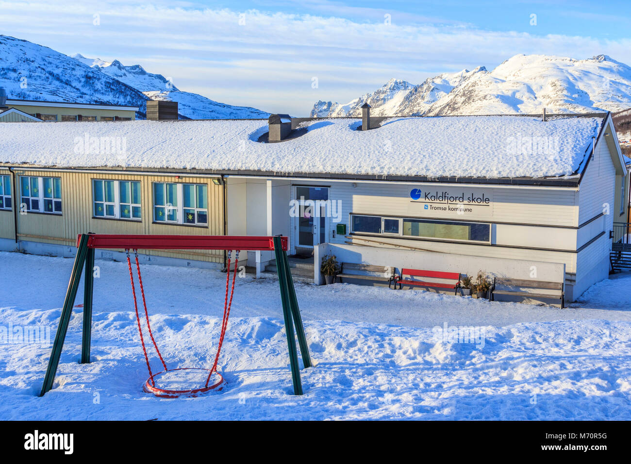 kaldfjord skole school Landscape images ,Arctic Circle Kvaloya island Troms Tromso norway 2018 Stock Photo