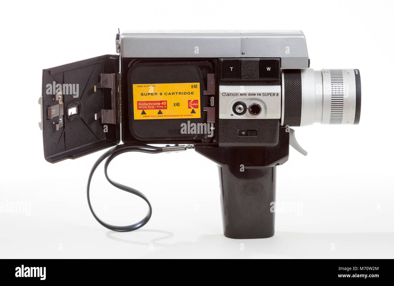 Canon super 8mm cine film camera with a super 8 Kodachrome film cartridge. Stock Photo