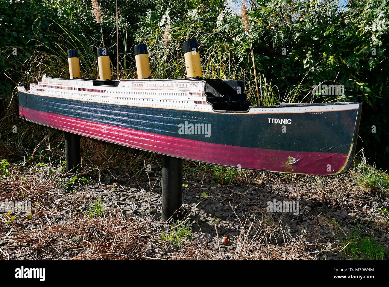 Model of the Titanic in the grounds of the Wallace Hartley memorial in Colne,Lancashire,UK Stock Photo