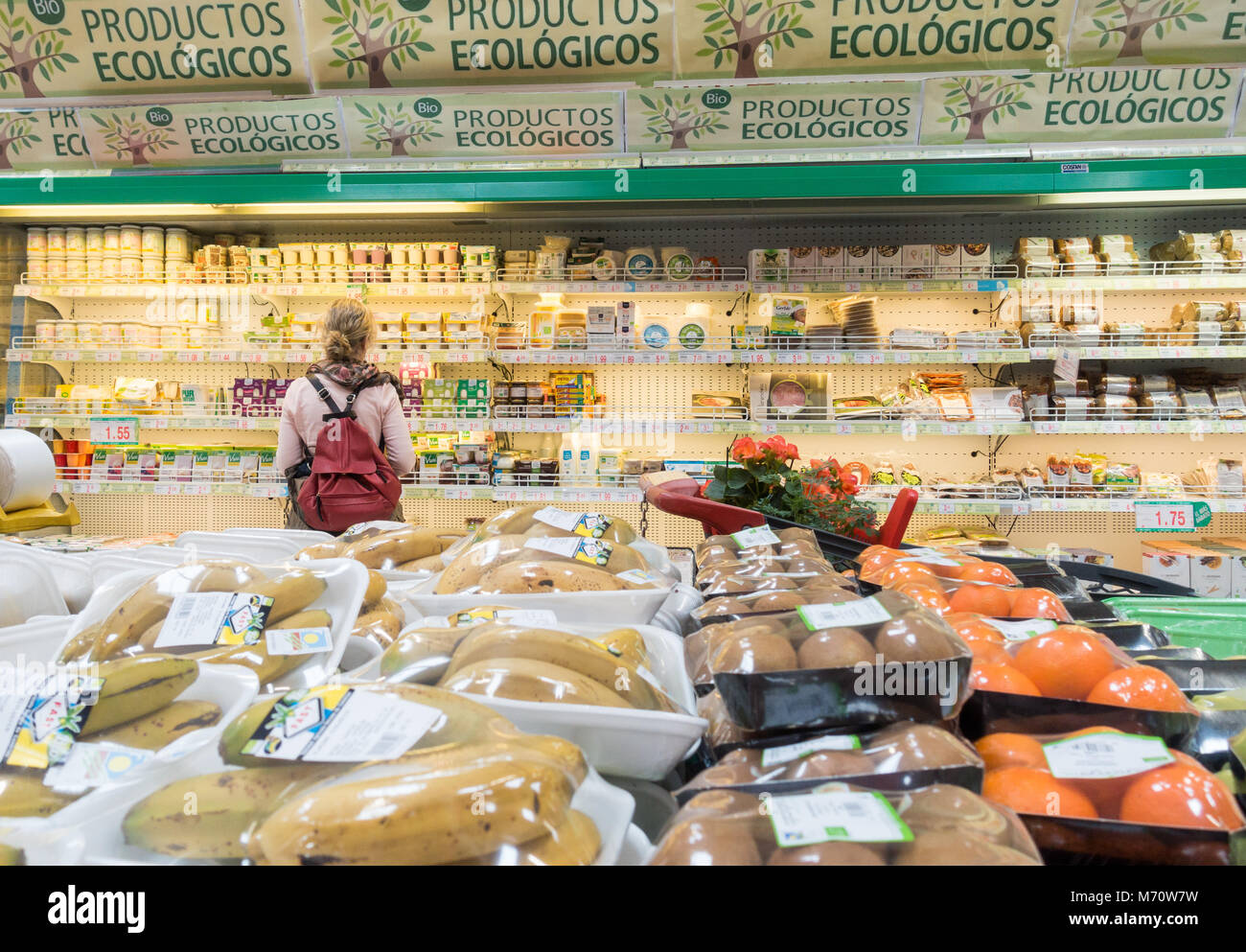 Organic food aisle in Spanish supermarket. Stock Photo