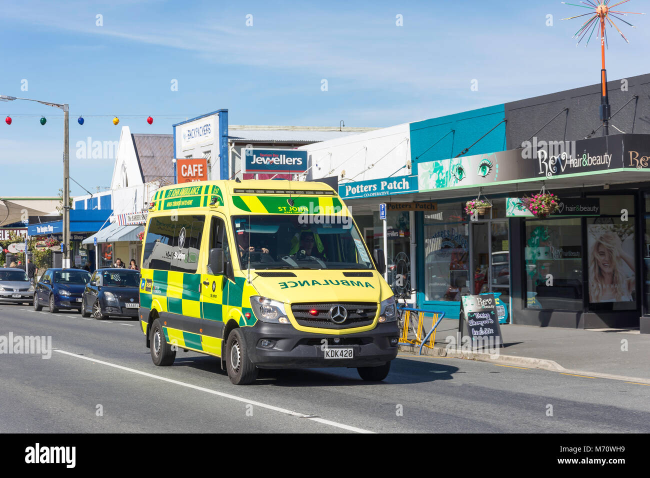 Ambulance on call, High Street, Motueka, Tasman District, New Zealand Stock Photo