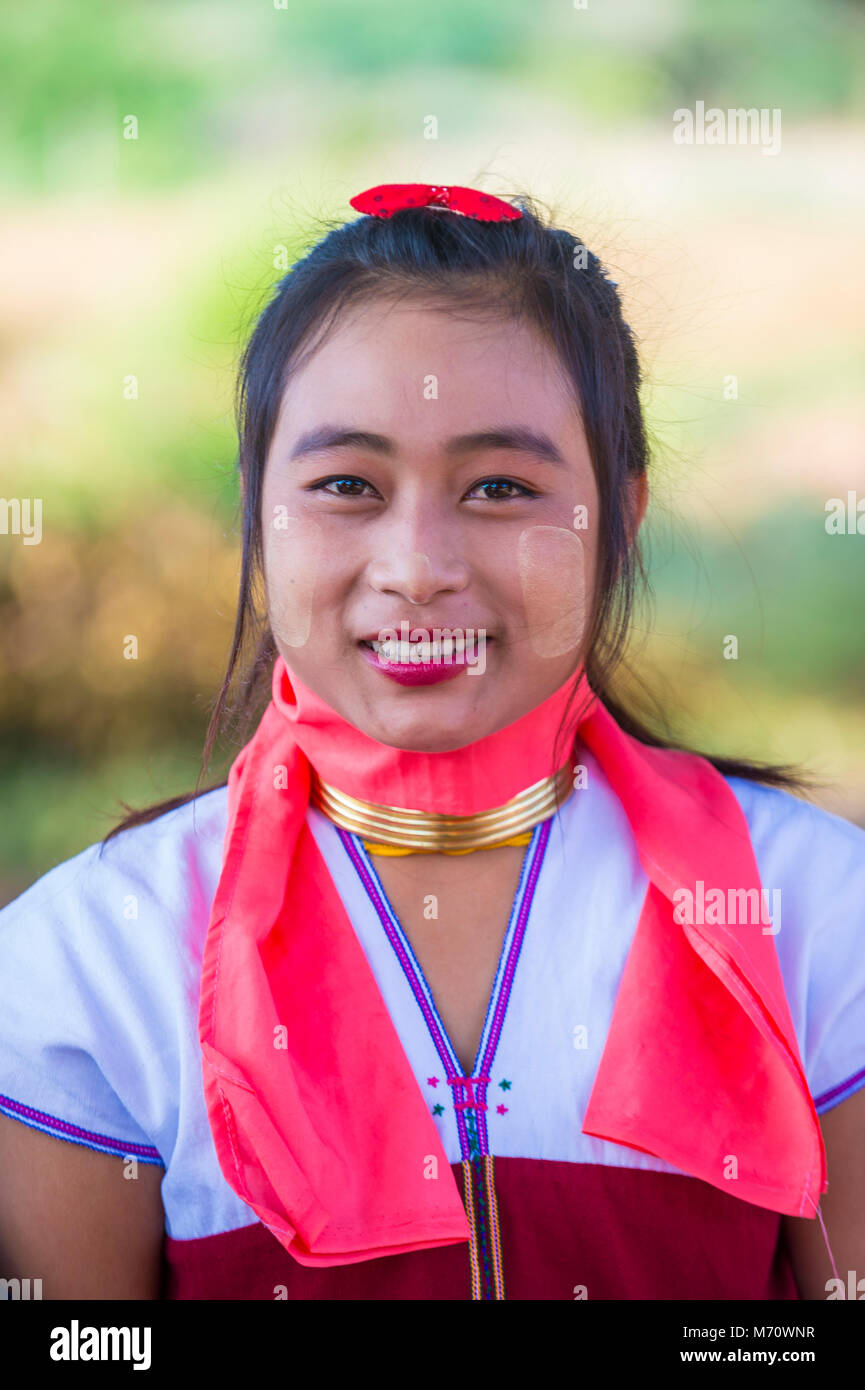 Portrait of Kayan tribe woman in Bagan Myanmar Stock Photo