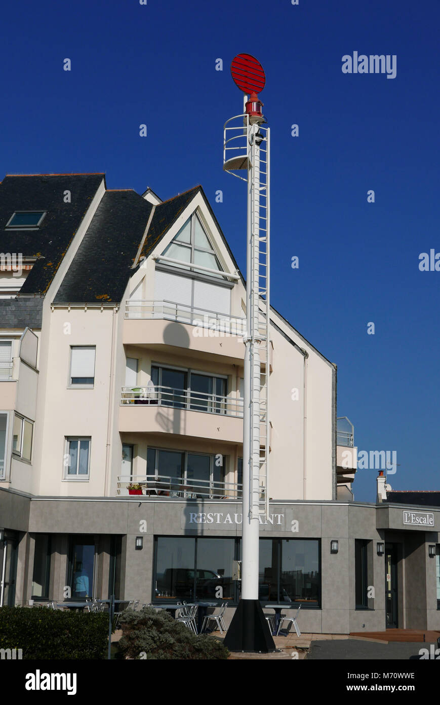 La Turballe, restaurant L'Escale and port beacon, Loire-Atlantique, Pays de la Loire, France, Europe Stock Photo