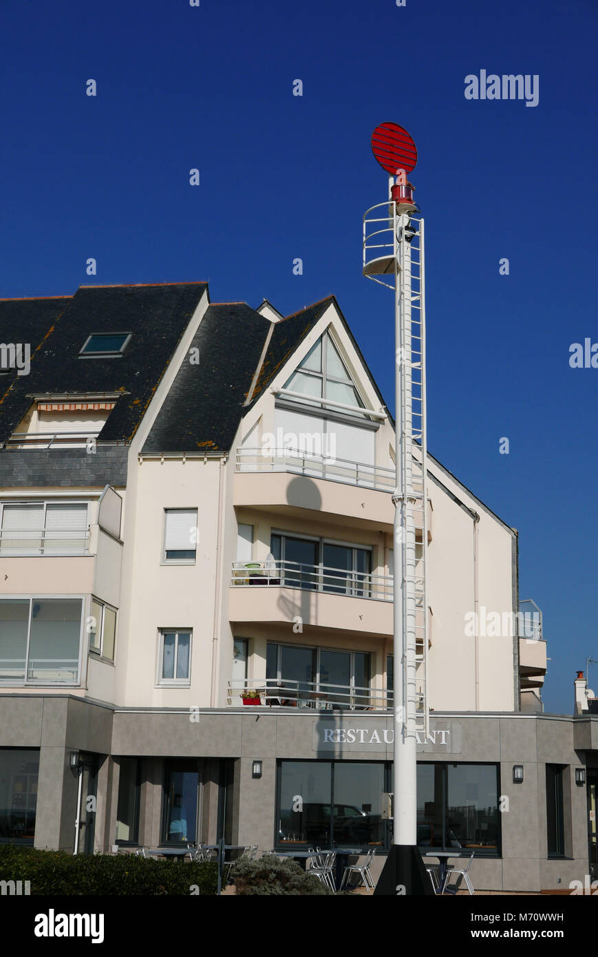 La Turballe, restaurant L'Escale and port beacon, Loire-Atlantique, Pays de la Loire, France, Europe Stock Photo