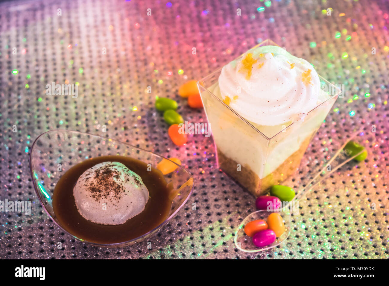 Portion of Suspiro Limeño and Lemon Pie . Sweet Color Party Stock Photo