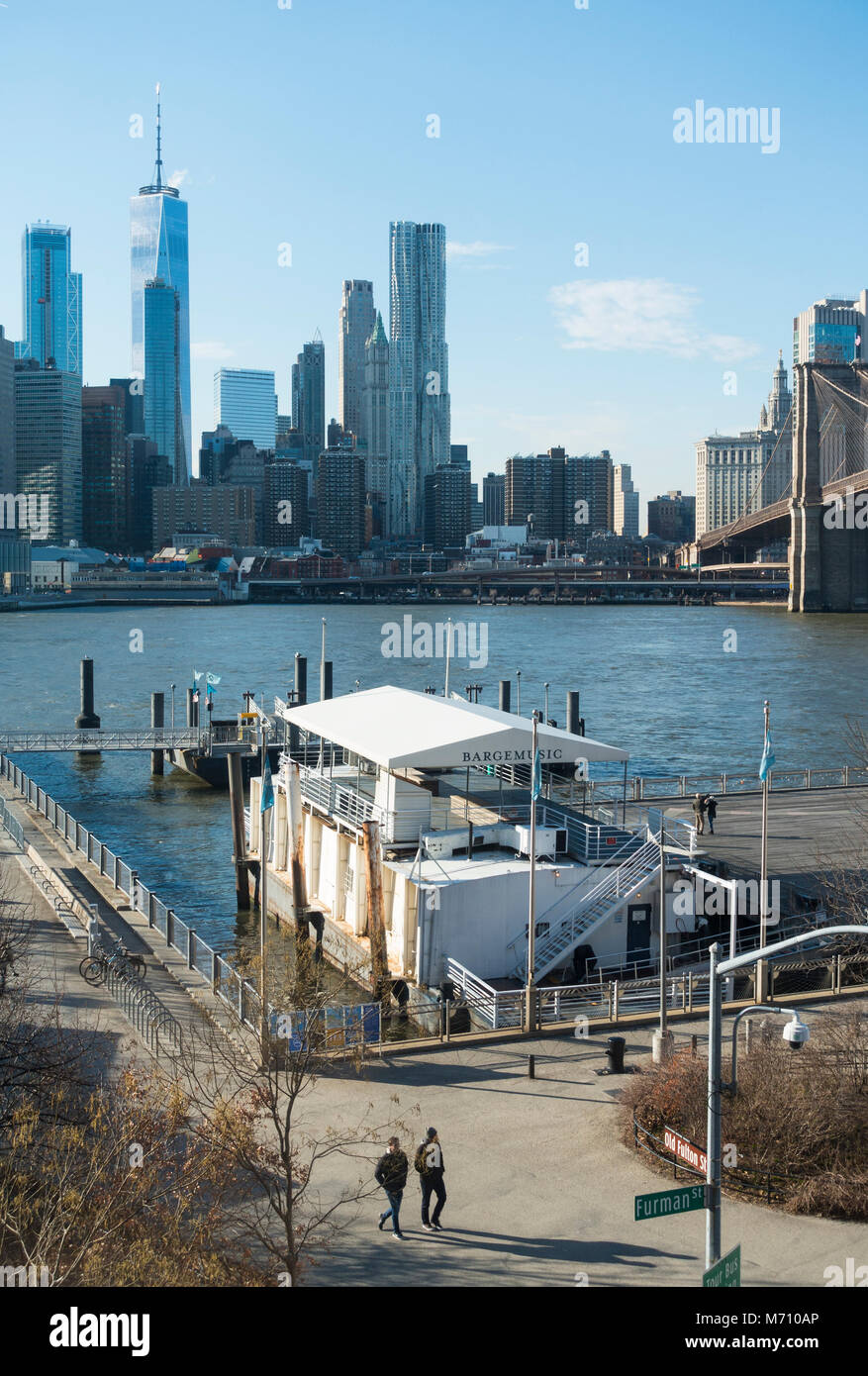 The barge called Bargemusic, ferry station, Brooklyn Bridge, East River