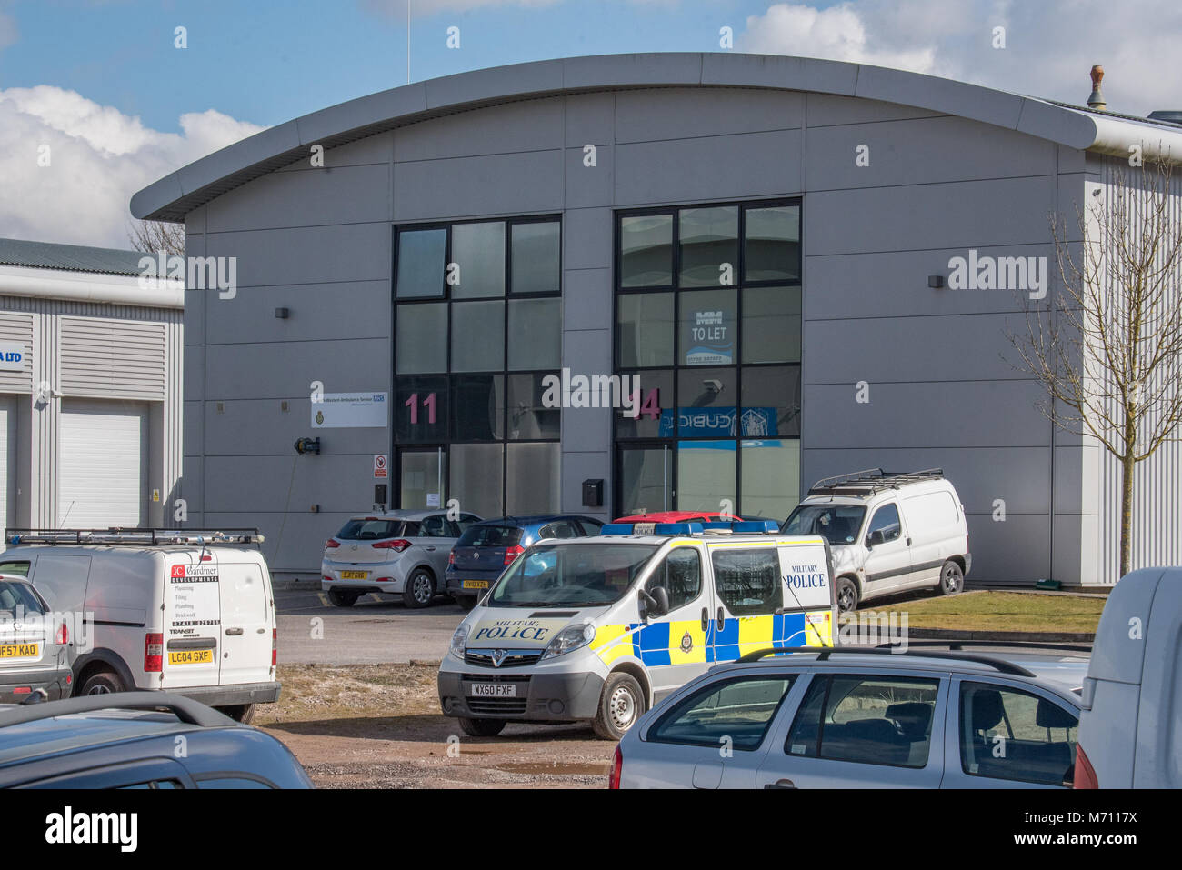 Salisbury, United Kingdom. 7 March 2018. Investigations continue into the suspected poisoning of a former Russian double agent and his daughter. A cordon remained in place at a ambulance station at Solstice Park in Amesbury.   Credit: Peter Manning/Alamy Live News Stock Photo