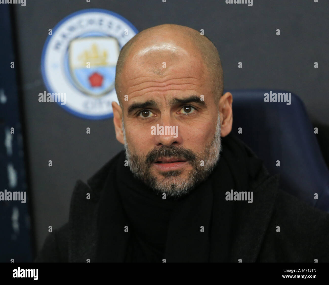 Manchester, UK. Manchester, UK. 7th March 2018 , Champions League Round of 16 leg 2, Manchester City versus FC Basel; Pep Guardiola manager of Manchester City Credit: News Images/Alamy Live News Stock Photo