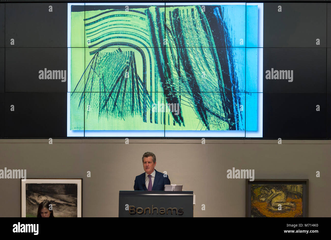 Bonhams, New Bond Street, London, UK. 7 March 2018. Hans Hartung’s T1971-E19 sells for £45,000 (excluding charges) in Bonhams Post-War & Contemporary Art sale. Credit: Malcolm Park/Alamy Live News. Stock Photo