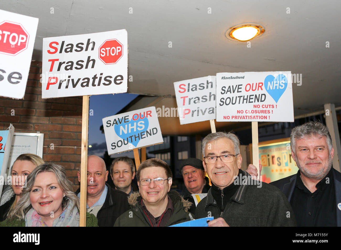 Southend on Sea, Essex, UK. 7th Mar, 2018. A small demonstration outside the Cliffs Pavilion to protest at the proposed merger of three local hospitals. At the same time The Sustainability and Transformation Partnership (STP) are holding the final Southend public meeting to present the proposed changes. Penelope Barritt/Alamy Live News Stock Photo