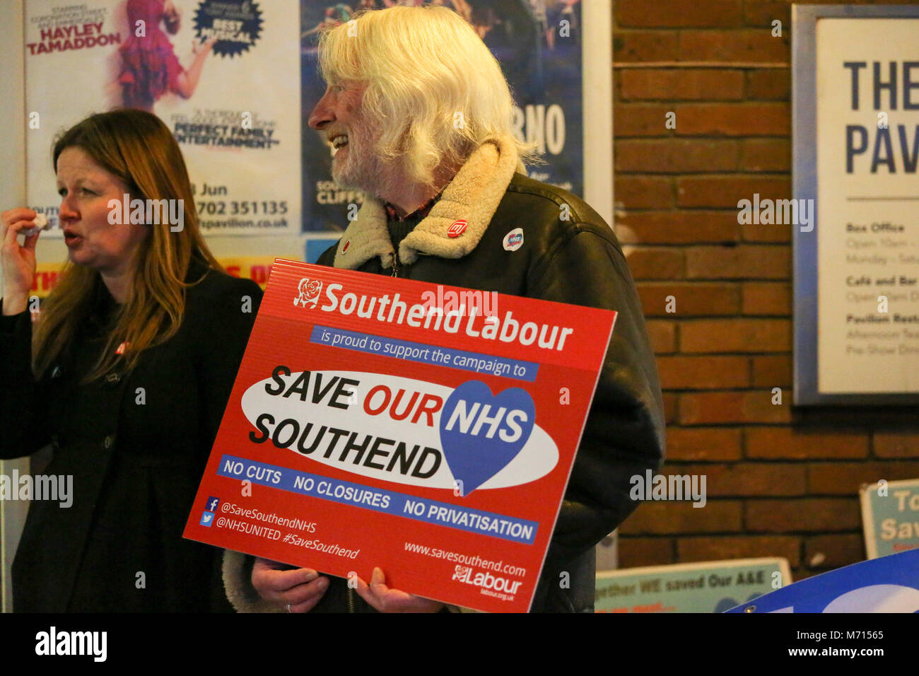 Southend on Sea, Essex, UK. 7th Mar, 2018. A small demonstration outside the Cliffs Pavilion to protest at the proposed merger of three local hospitals. At the same time The Sustainability and Transformation Partnership (STP) are holding the final Southend public meeting to present the proposed changes. Penelope Barritt/Alamy Live News Stock Photo