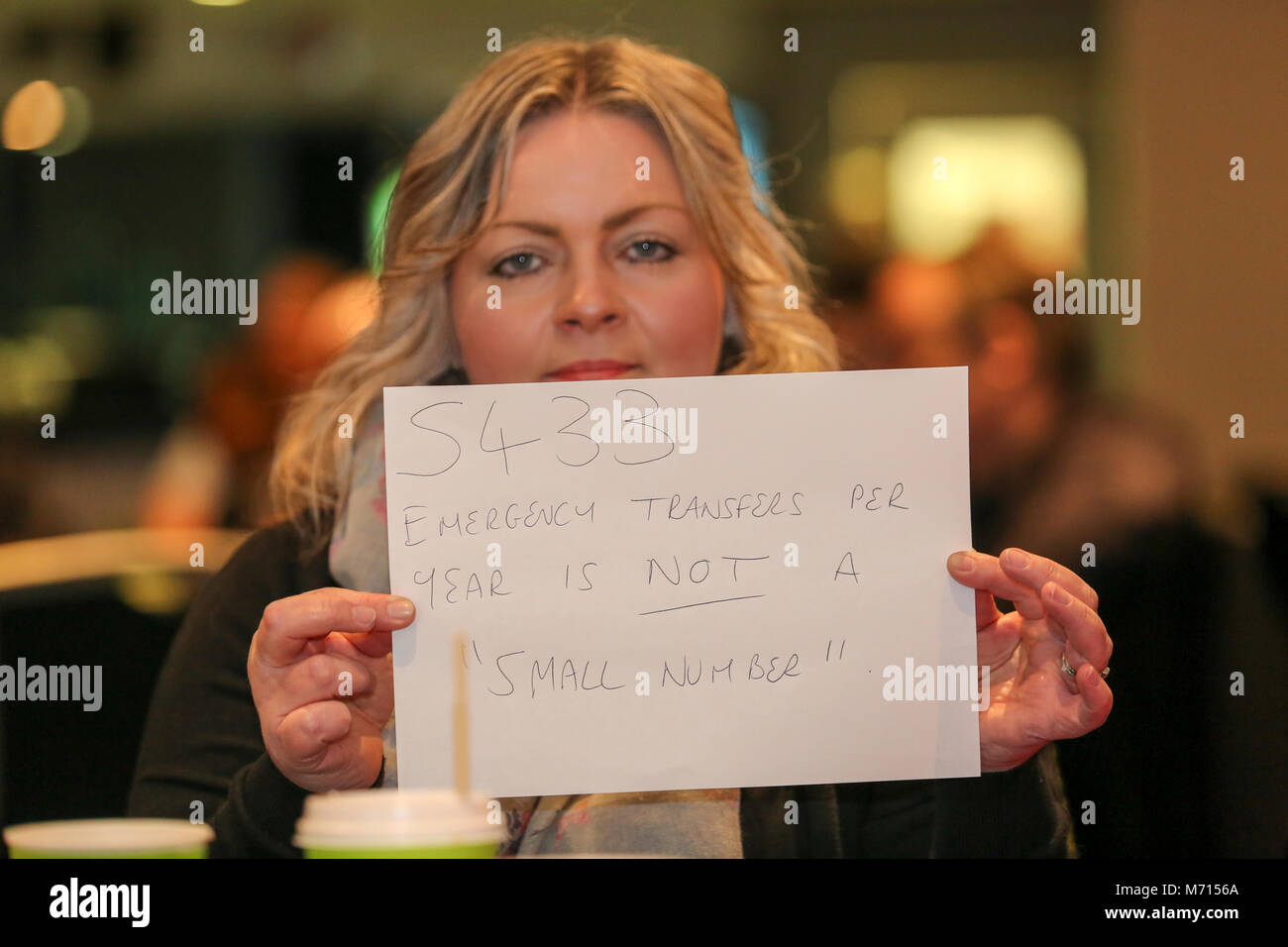 Southend on Sea, Essex, UK. 7th Mar, 2018. A small demonstration outside the Cliffs Pavilion to protest at the proposed merger of three local hospitals. At the same time The Sustainability and Transformation Partnership (STP) are holding the final Southend public meeting to present the proposed changes. Penelope Barritt/Alamy Live News Stock Photo