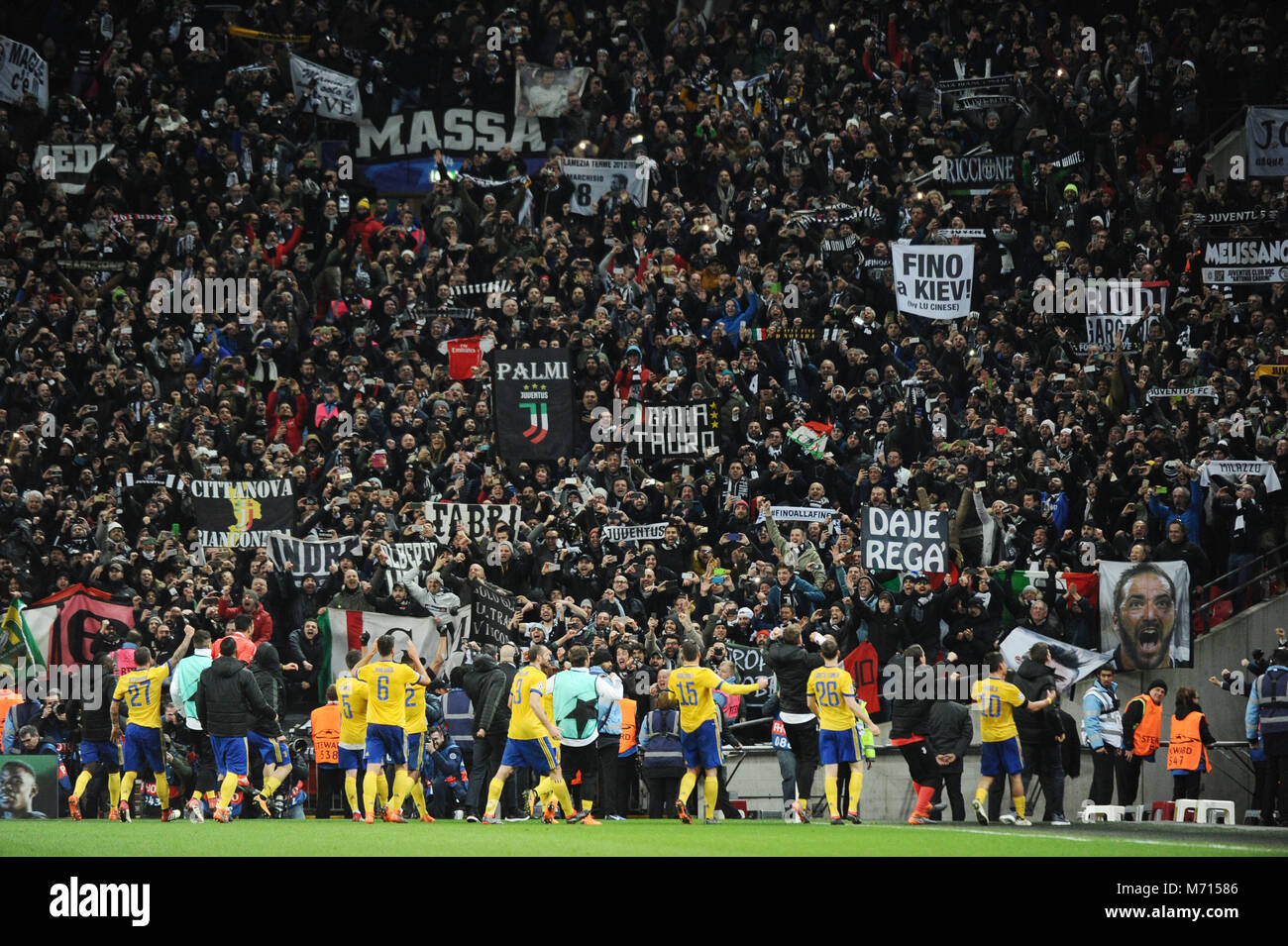 London, UK. 7th March, 2018. Juventus fans celebrate with the team after  winning against Tottenham Hotspur during the UEFA Champions League Round of  16 second leg match between Tottenham Hotspur and Juventus