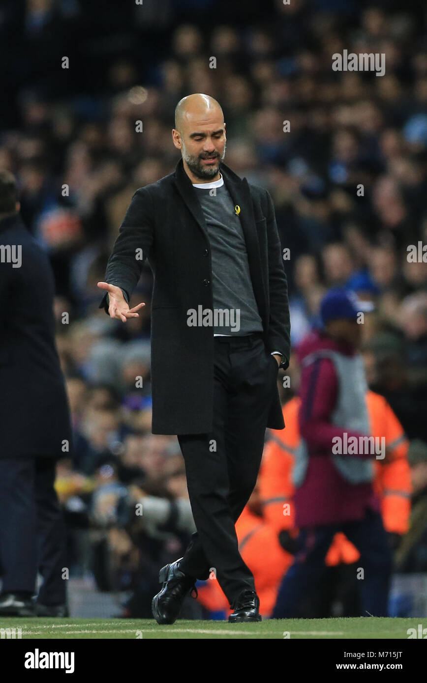 Manchester, UK. 7th March 2018 , Champions League Round of 16 leg 2, Manchester City versus FC Basel; Pep Guardiola manager of Manchester City Stock Photo