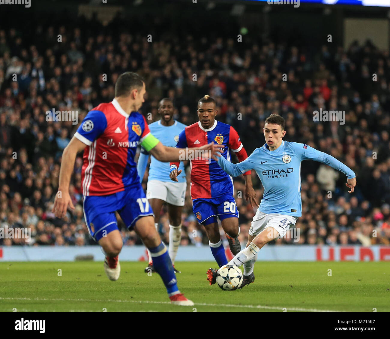 Manchester, UK. 7th March 2018 , Champions League Round of 16 leg 2, Manchester City versus FC Basel; Phil Foden #47 of Manchester City plays the ball on the edge of the box Stock Photo