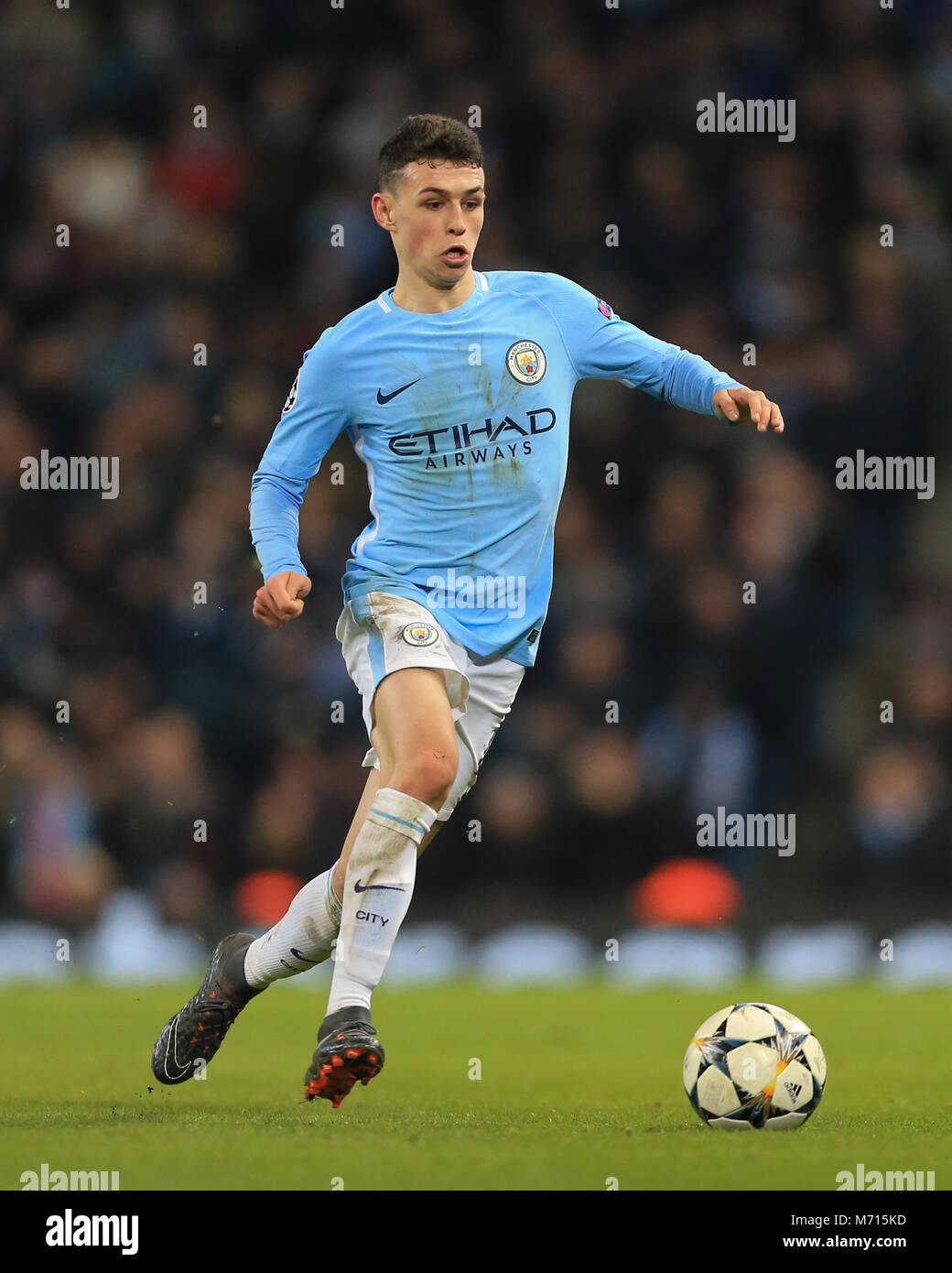 Manchester, UK. 7th March 2018 , Champions League Round of 16 leg 2, Manchester City versus FC Basel; Phil Foden #47 of Manchester City Stock Photo