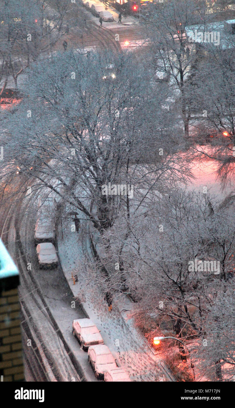 New York, USA. March 7 .Snow falling in the Chelsea section of