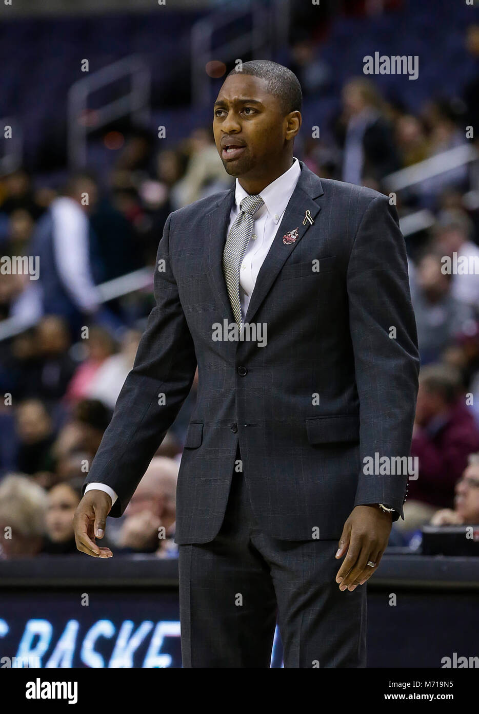 March 7, 2018: George Washington Colonials Head Coach Maurice Joseph during an A10 Championship Men's Basketball game between the George Washington Colonials and the Fordham Rams at the Capital One Arena in Washington, DC Justin Cooper/CSM Stock Photo