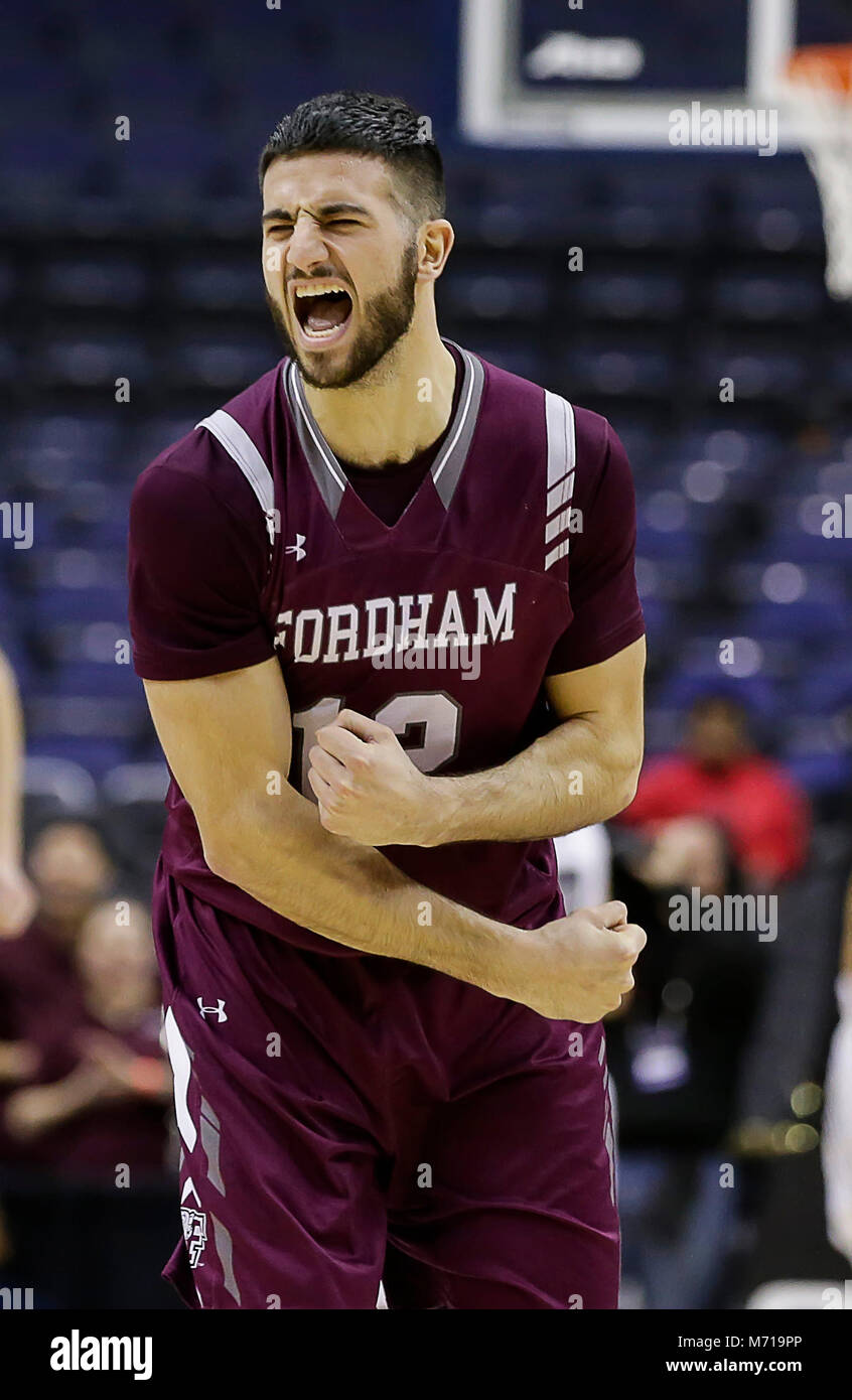 March 7, 2018 Fordham Rams G 12 Joseph Chartouny celebrates a basket