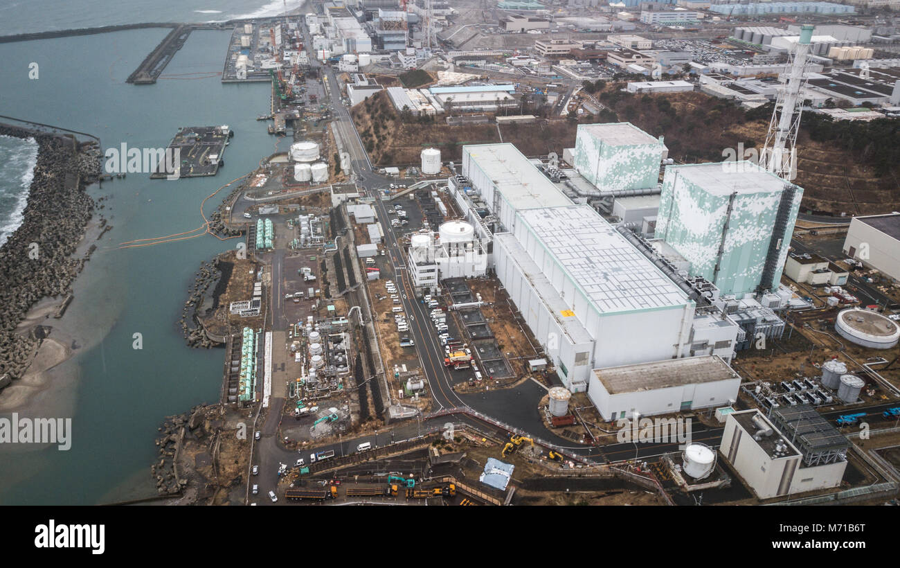 FUKUSHIMA, JAPAN - MARCH 8: An aerial photo of Tokyo Electric Power Co (TEPCO)'s Fukushima Daiichi Nuclear Power Plant is seen on March 8, 2018 in Okuma, Fukushima, Japan. Credit: Richard Atrero de Guzman/AFLO/Alamy Live News Stock Photo
