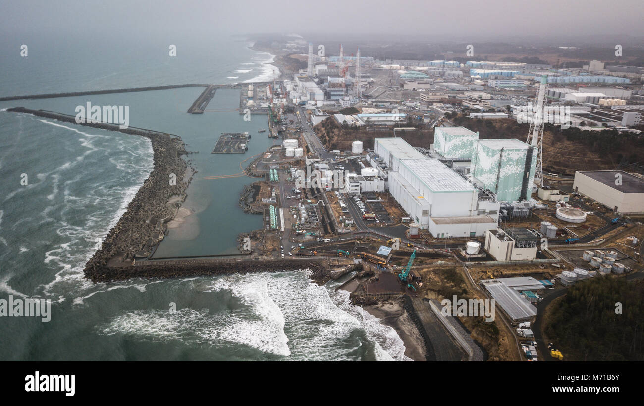 FUKUSHIMA, JAPAN - MARCH 8: An aerial photo of Tokyo Electric Power Co (TEPCO)'s Fukushima Daiichi Nuclear Power Plant is seen on March 8, 2018 in Okuma, Fukushima, Japan. Credit: Richard Atrero de Guzman/AFLO/Alamy Live News Stock Photo