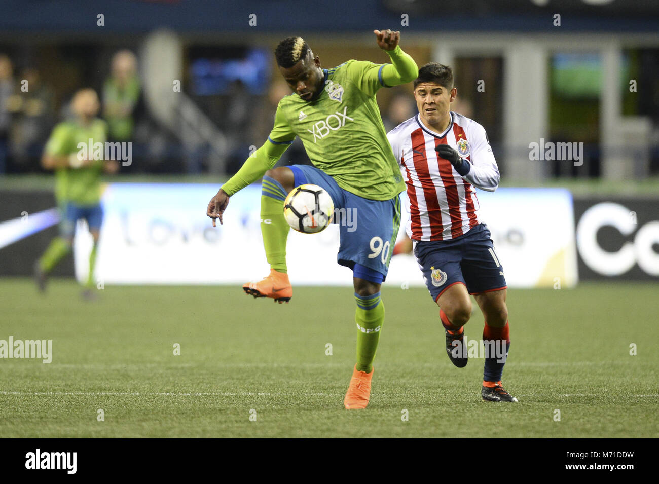Seattle, Washington, USA. 7th Mar, 2018. CONCACAF Soccer 2018: Sounders defender WAYLON FRANCIS (90) tries to control the ball as Chivas Guadalajara visits the Seattle Sounders in a CONCACAF quarterfinal match at Century Link Field in Seattle, WA. Seattle won the match 1-0. Credit: Jeff Halstead/ZUMA Wire/Alamy Live News Stock Photo