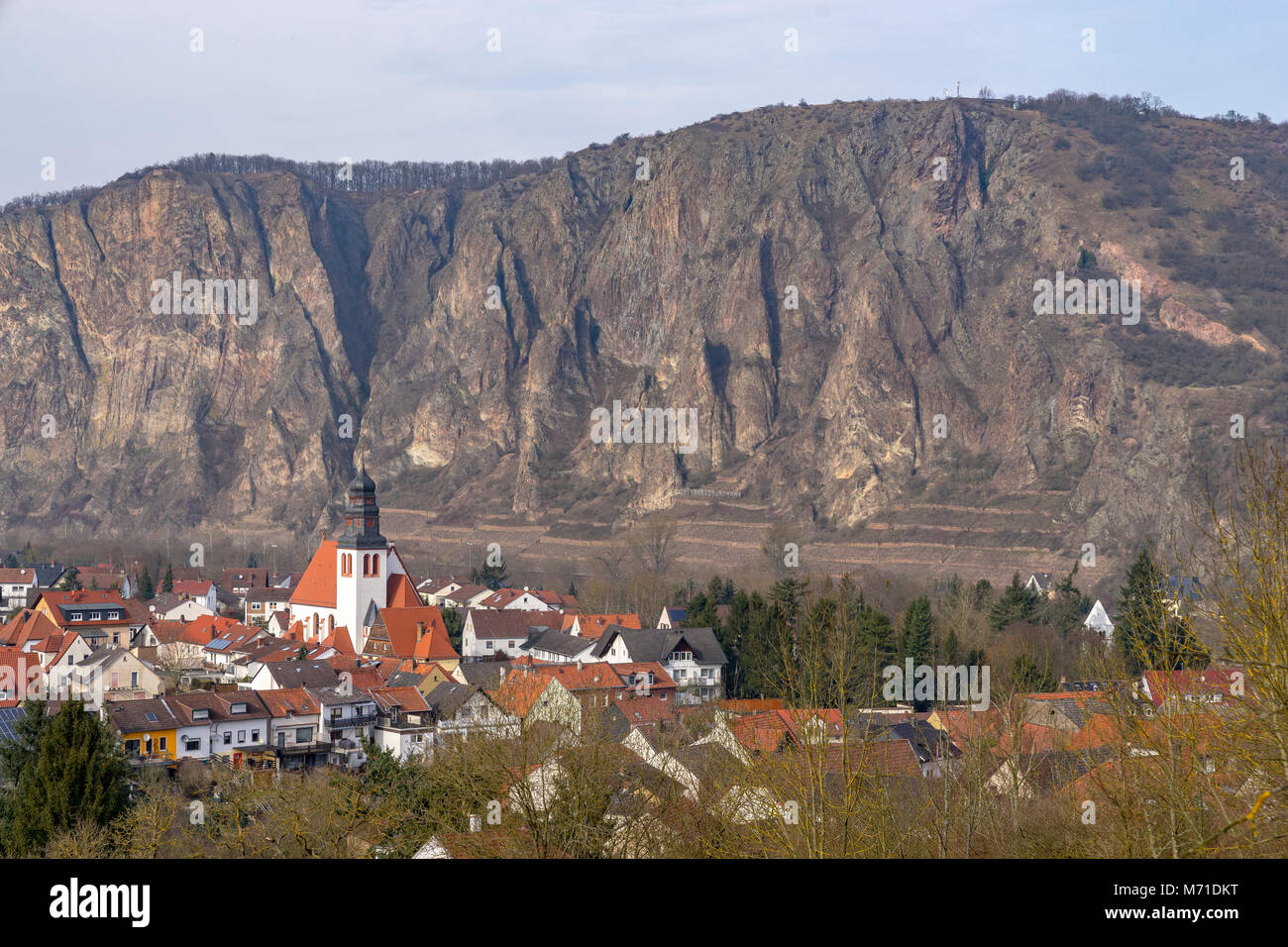 View of the village Ebernburg and the Rotenfels mountain seen from the castle Ebernburg. Stock Photo