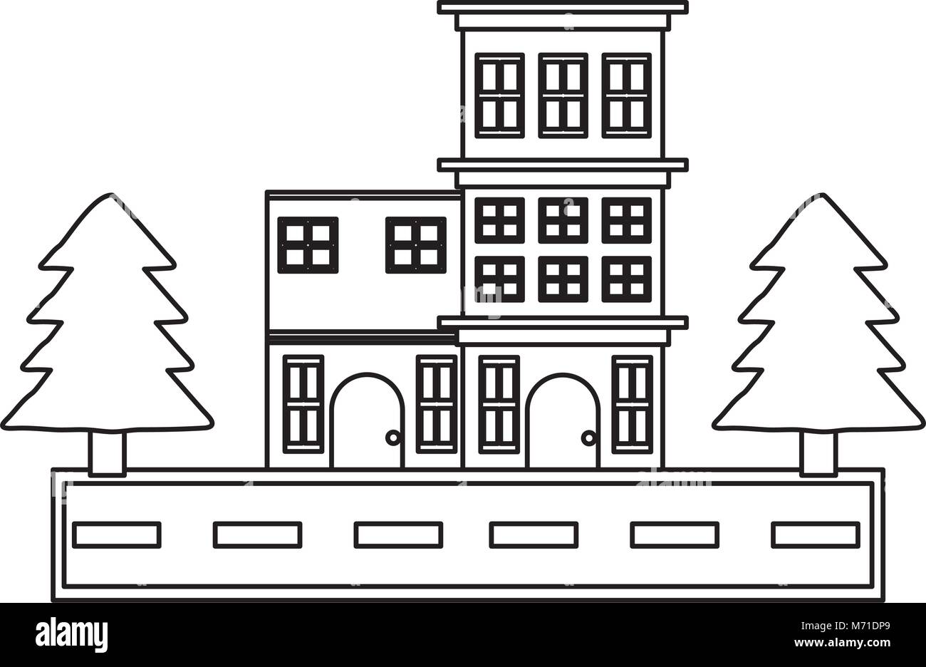 Street with houses and trees over white background, vector illustration ...
