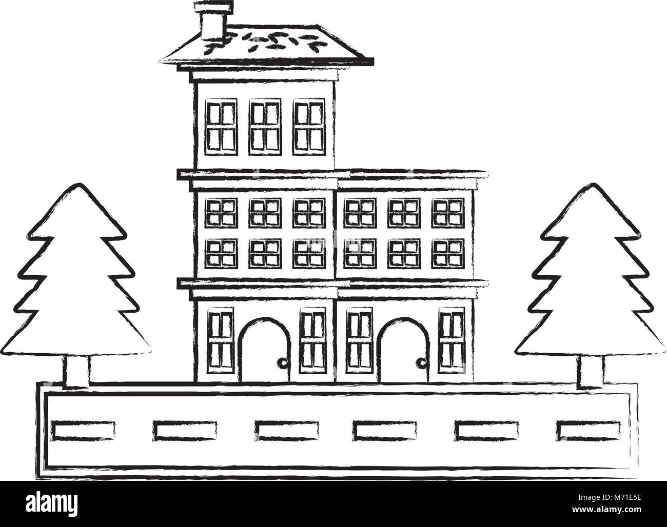sketch of Street with houses and trees over white background, vector ...