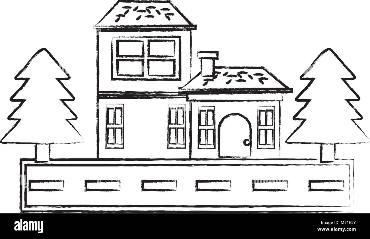 sketch of Street with houses and trees over white background, vector ...