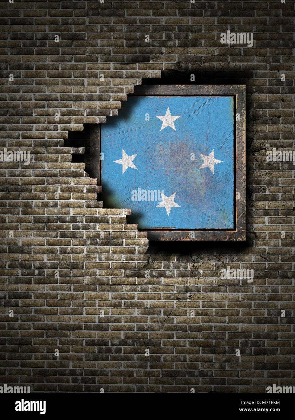 3d rendering of a Micronesia flag over a rusty metallic plate embedded ...
