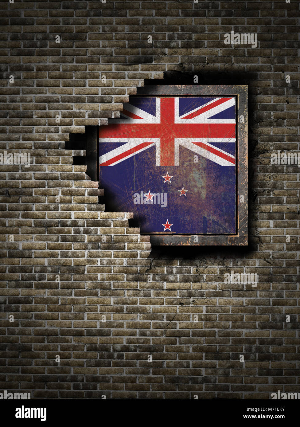 3d rendering of a New Zealand flag over a rusty metallic plate embedded ...
