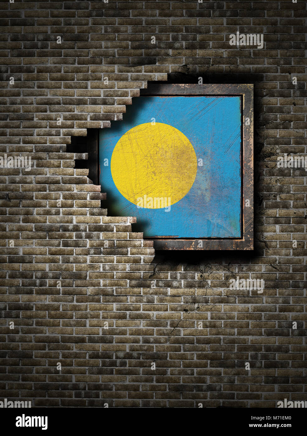 3d rendering of a Palau flag over a rusty metallic plate embedded on an ...
