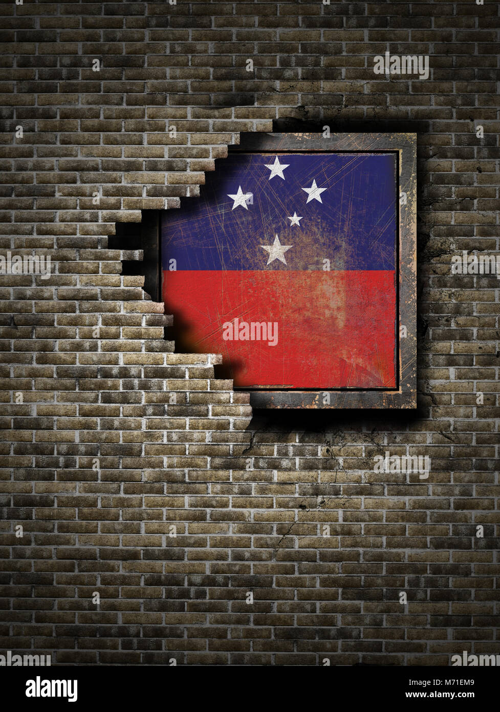 3d rendering of a Samoa flag over a rusty metallic plate embedded on an ...